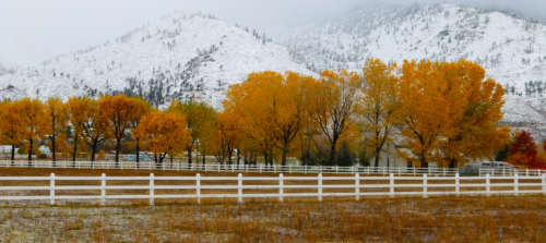 snow capped mountains in fall photo by melissa blosser
